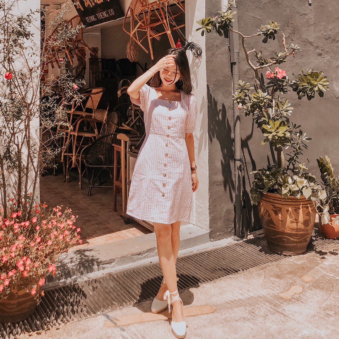 As seen on @jujujucloe - Hara Stripes Pouf Sleeves Dress in Light Pink