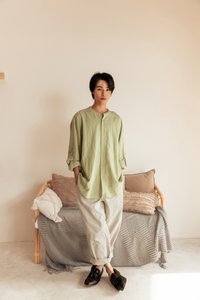 Men's Oliver Long Sleeve Mandarin Collar Shirt in Pistachio