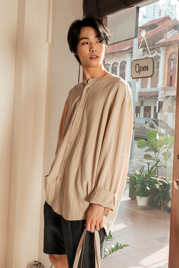 Buy Men's Solid Linen Shirt with Mandarin Collar and Long Sleeves