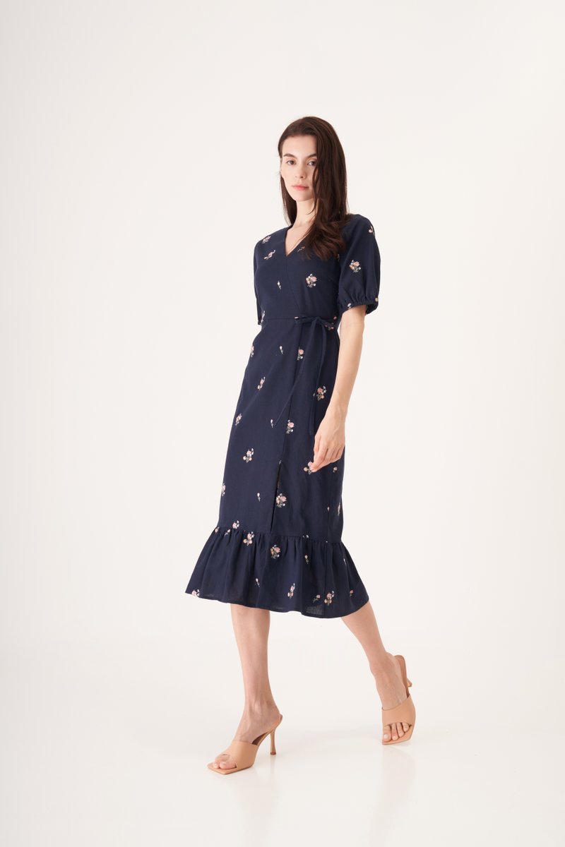 Hara Embroidered Linen Midi Dress