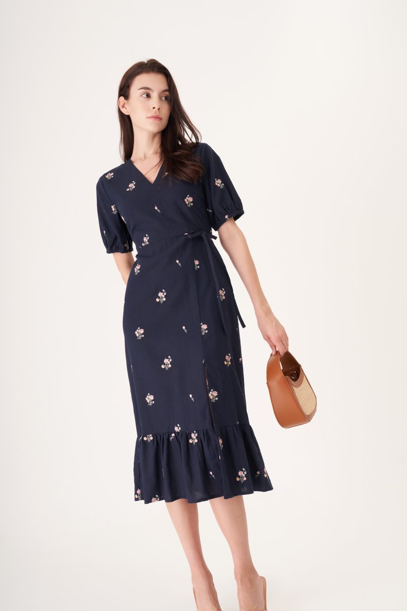 Hara Embroidered Linen Midi Dress
