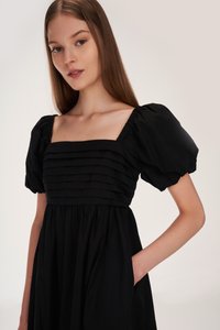 Vienna Pleated Babydoll Midi Dress in Black