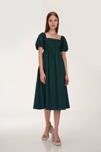 Vienna Pleated Babydoll Midi Dress in Forest