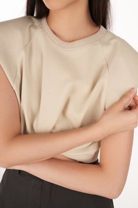 Finn Ribbed Collar Padded Shoulder Tank Top in Stone