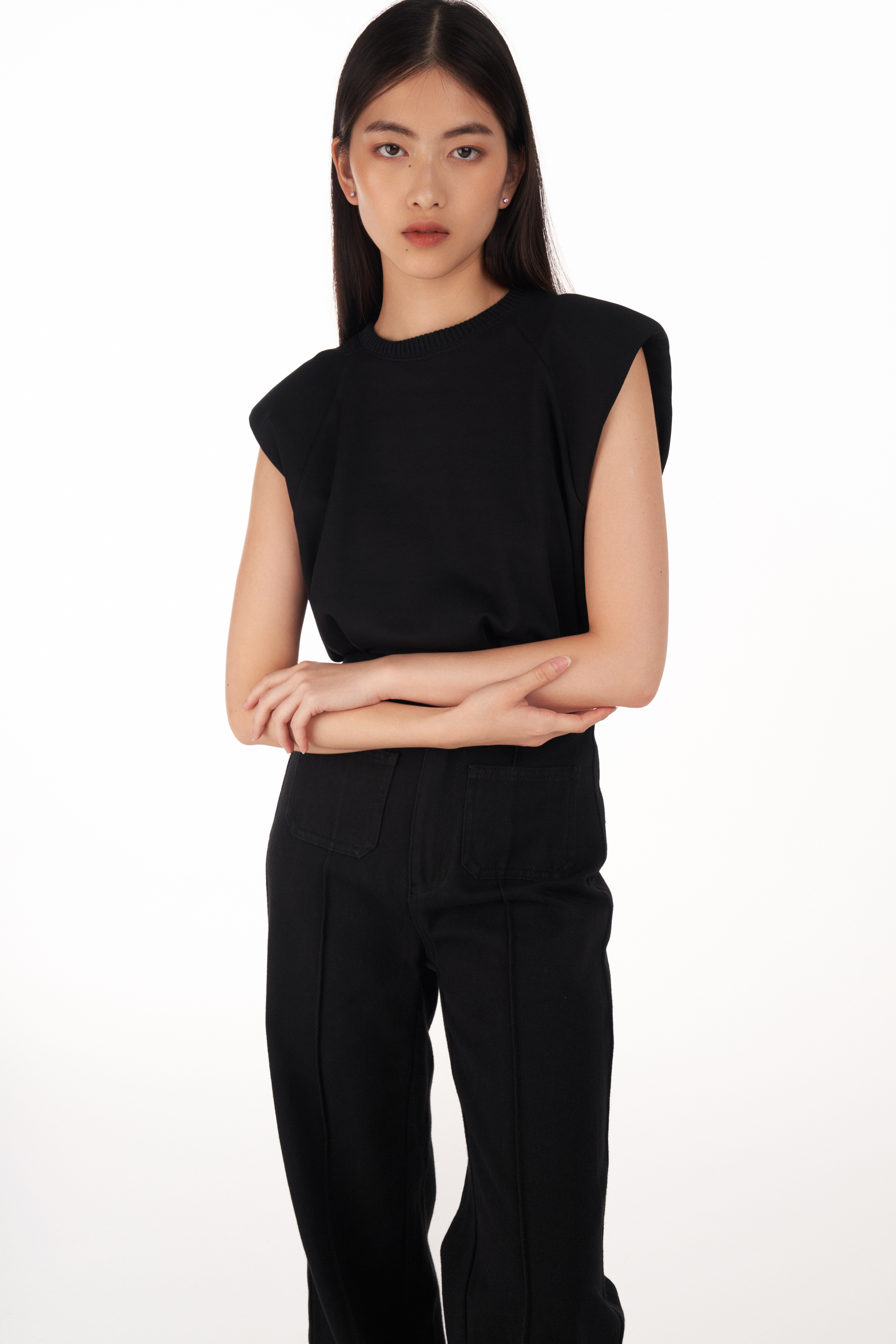 Black padded cheap shoulder top