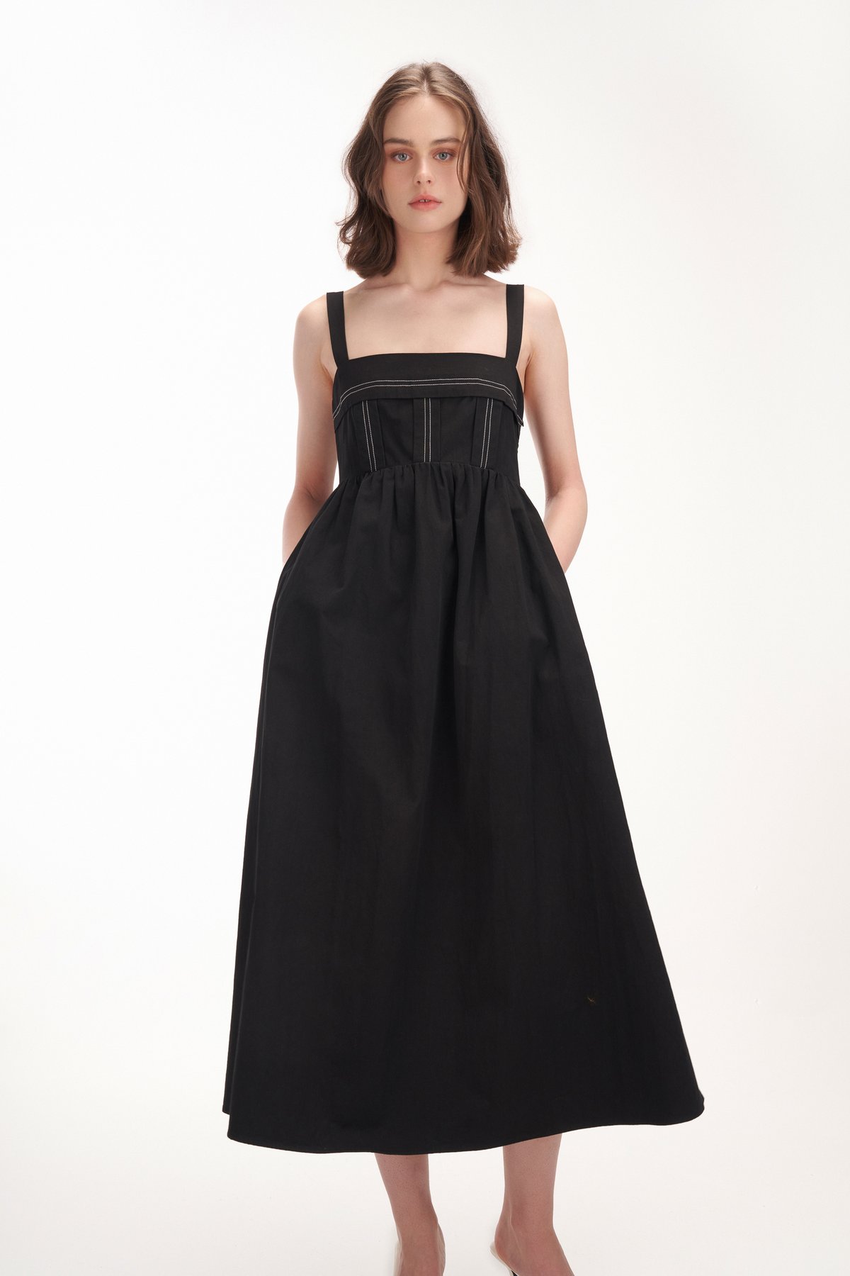 Nadine Contrast Stitch Maxi Dress in Black