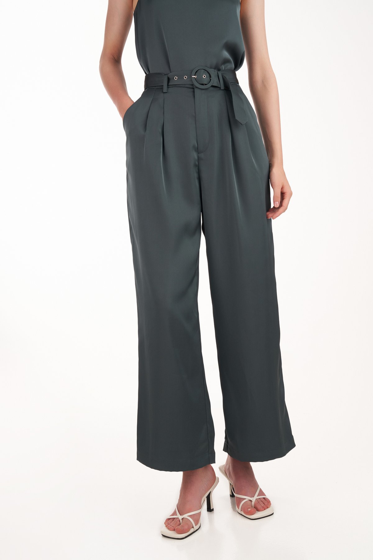 Lenne Satin Belted Pants in Forest