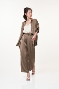 Lenne Satin Belted Pants in Brown