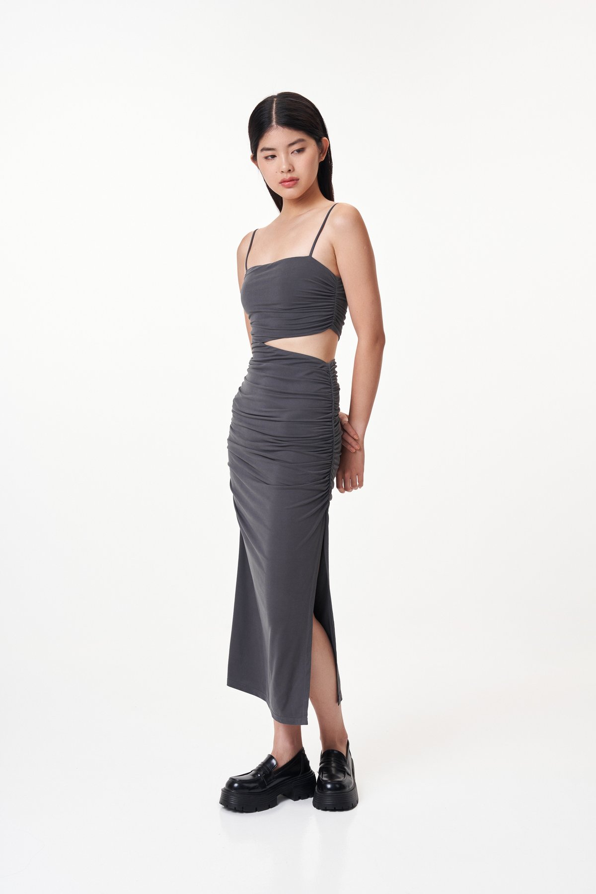 *Pre-order* Genn Cut-Out Ruched Dress in Charcoal