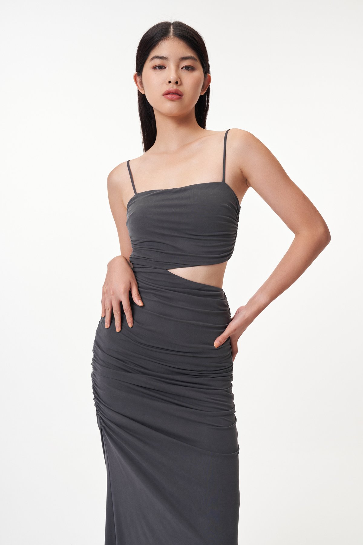 *Pre-order* Genn Cut-Out Ruched Dress in Charcoal