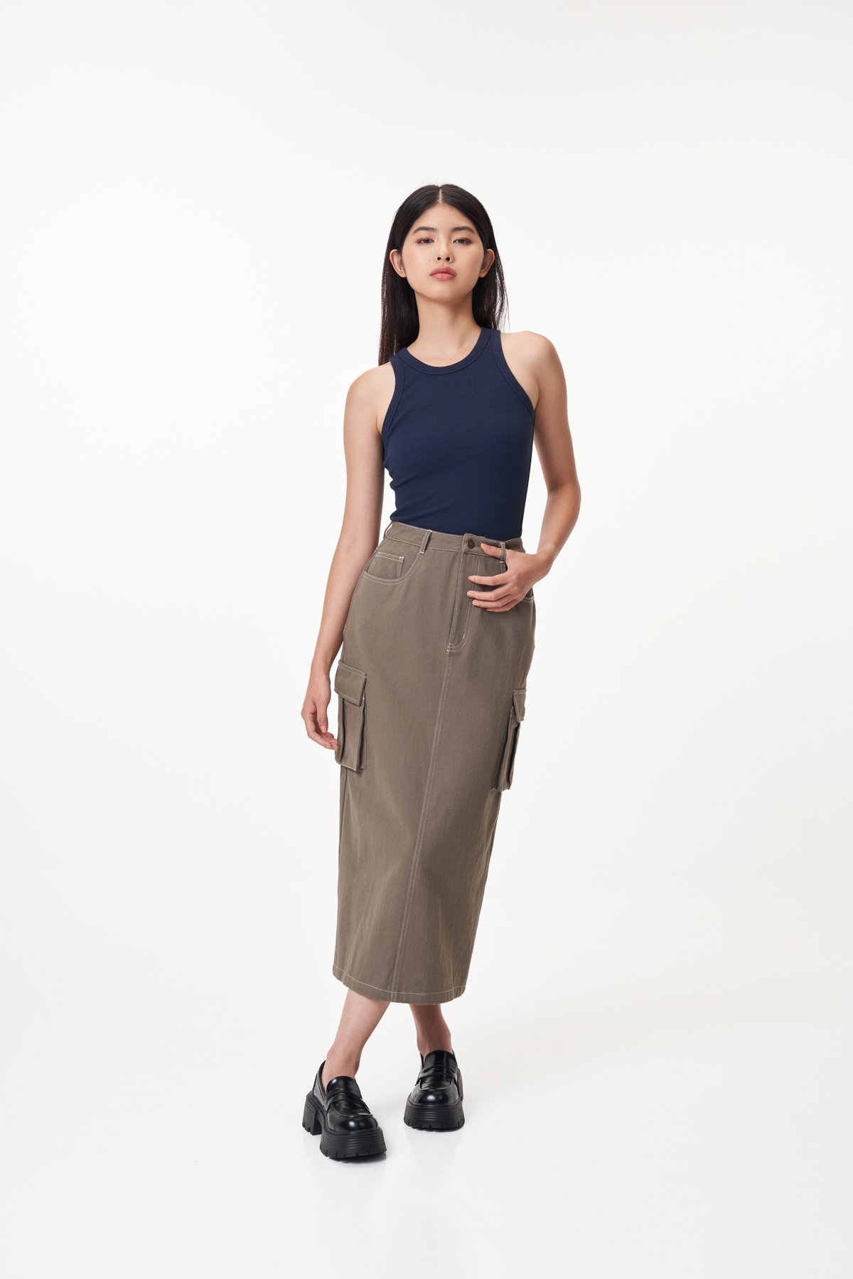 Jonas Contrast Stitch Skirt in Taupe