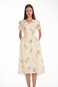 Elina Floral Ruched Dress in Cream