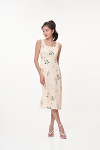 Elina Floral Square Neck Dress in Cream