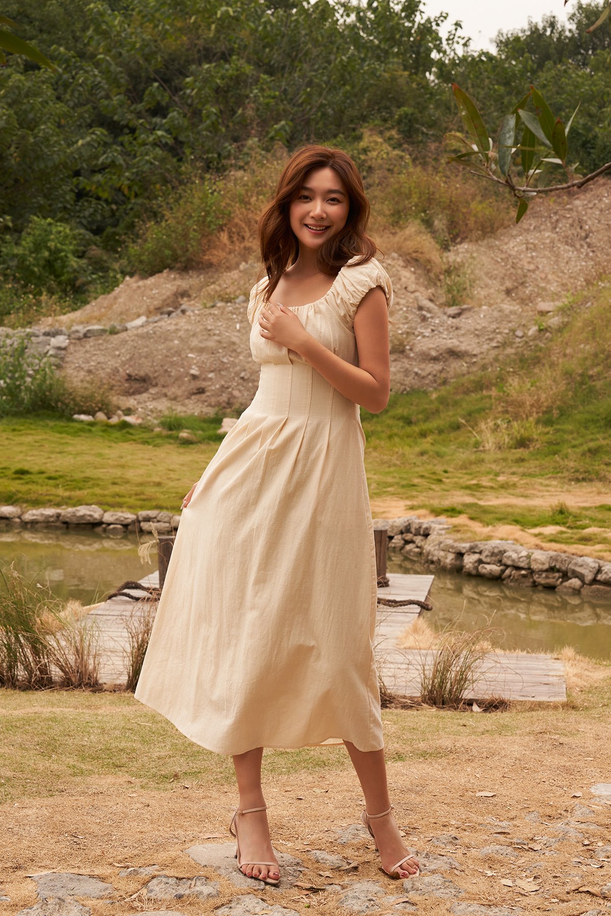 Aisa Ruched Maxi Dress in Cream
