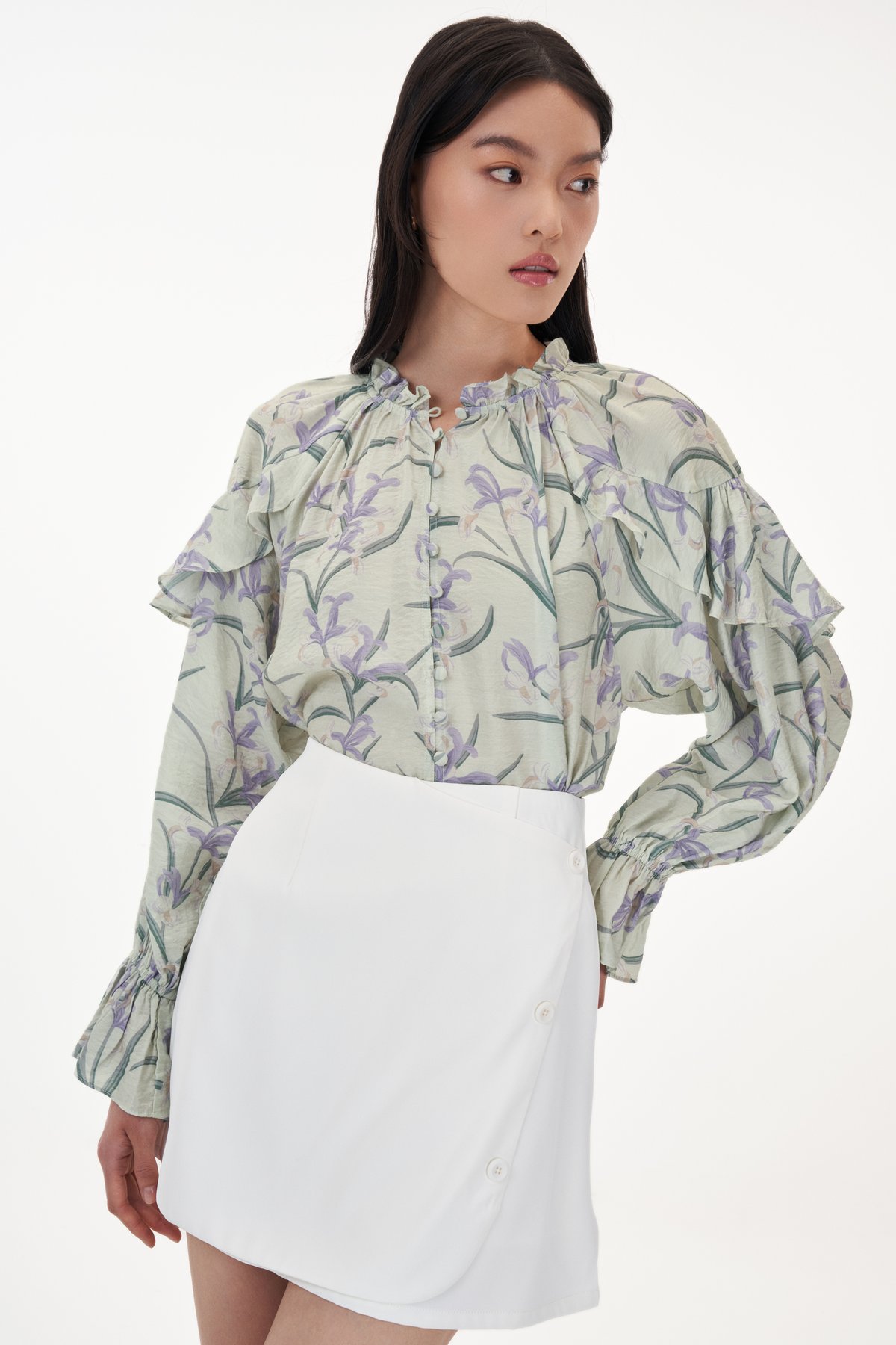 Shayla Ruffle Blouse in Sage and Lilac