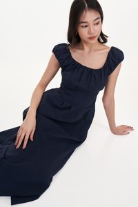Aisa Ruched Maxi Dress in Navy