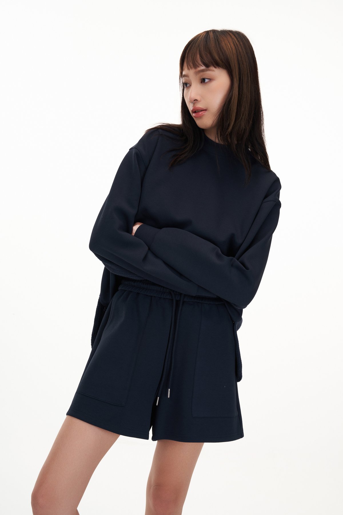 Jackie Contrast Textured Pullover in Navy