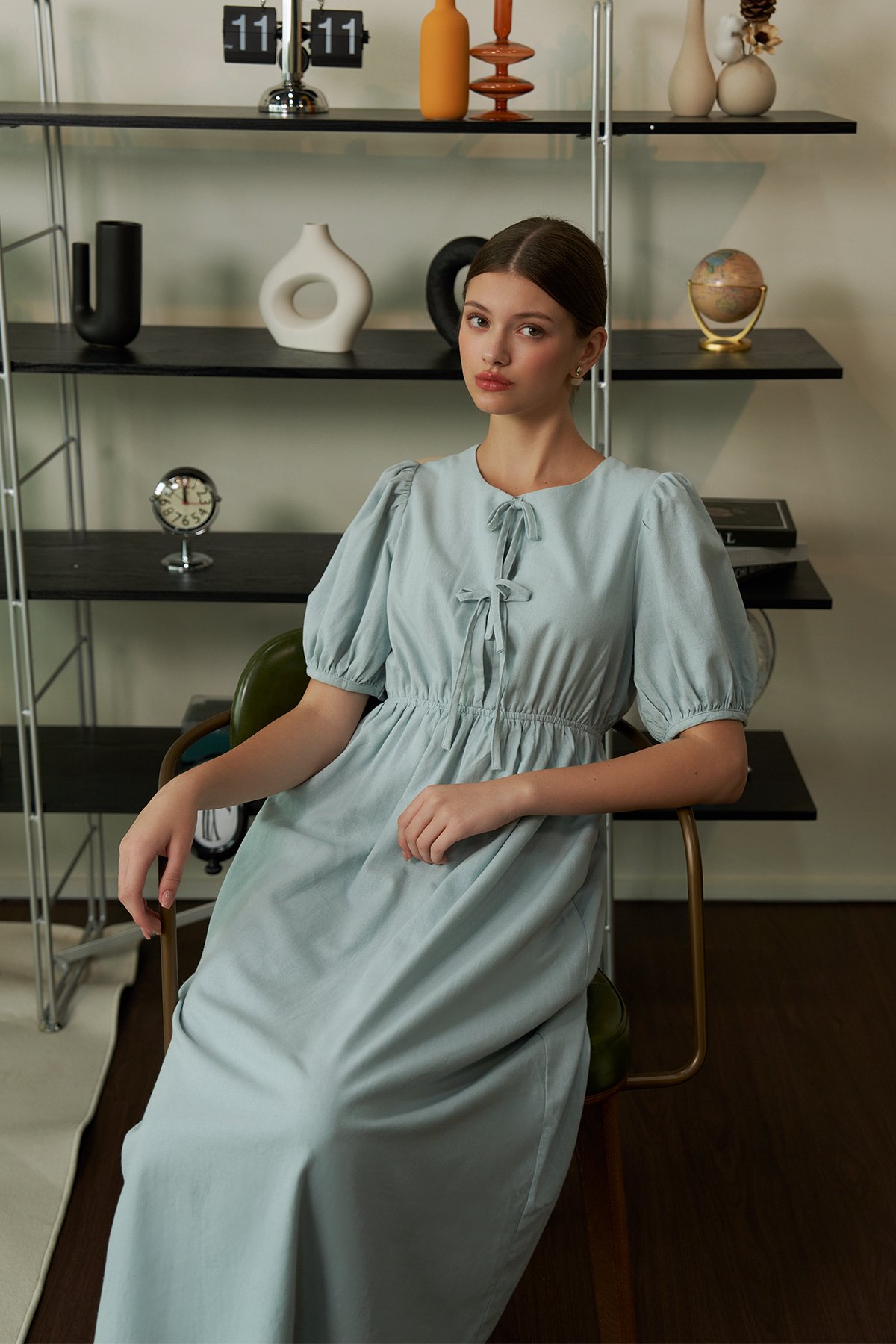 Susie Linen Ribbon Dress in Sky