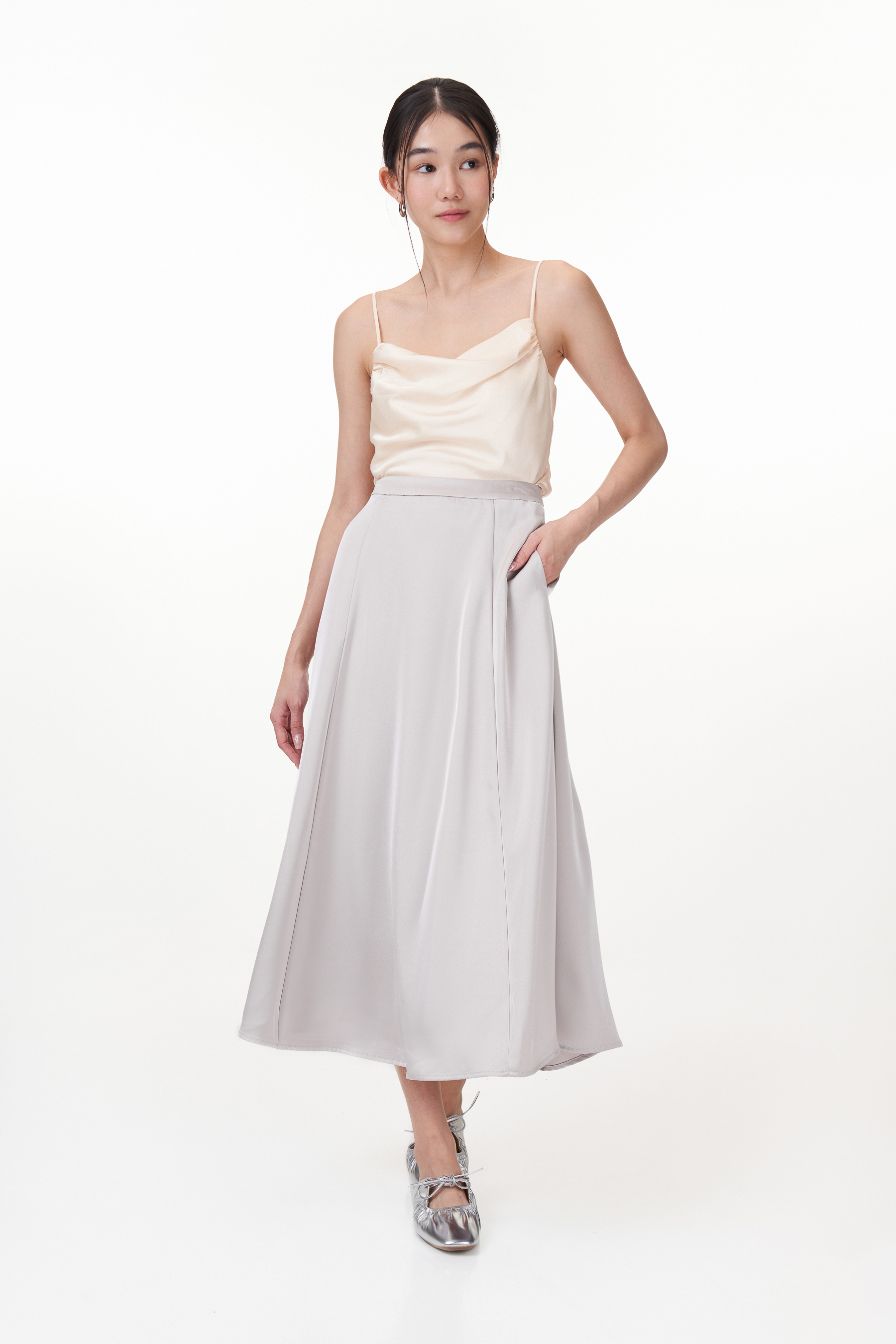 White satin circle skirt top