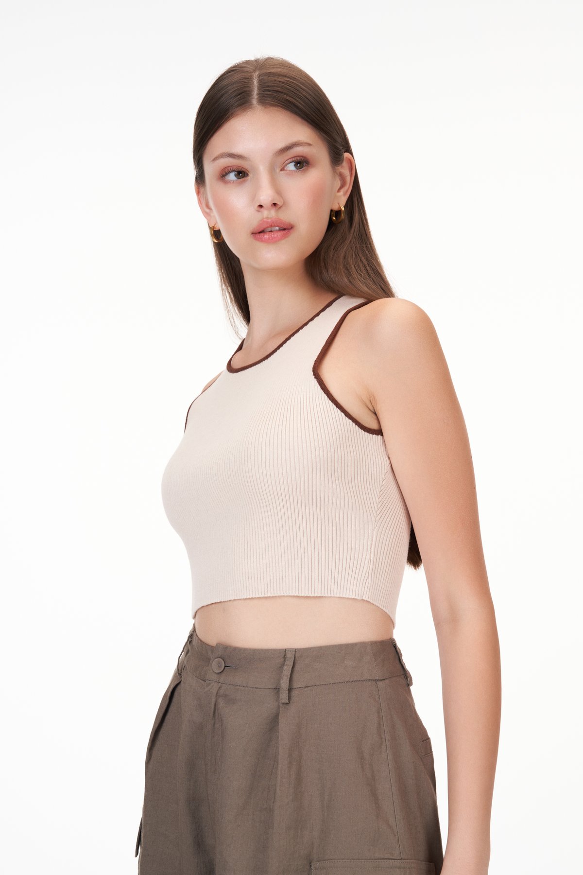 Adley Contrast Knit Top in Nude and Brown