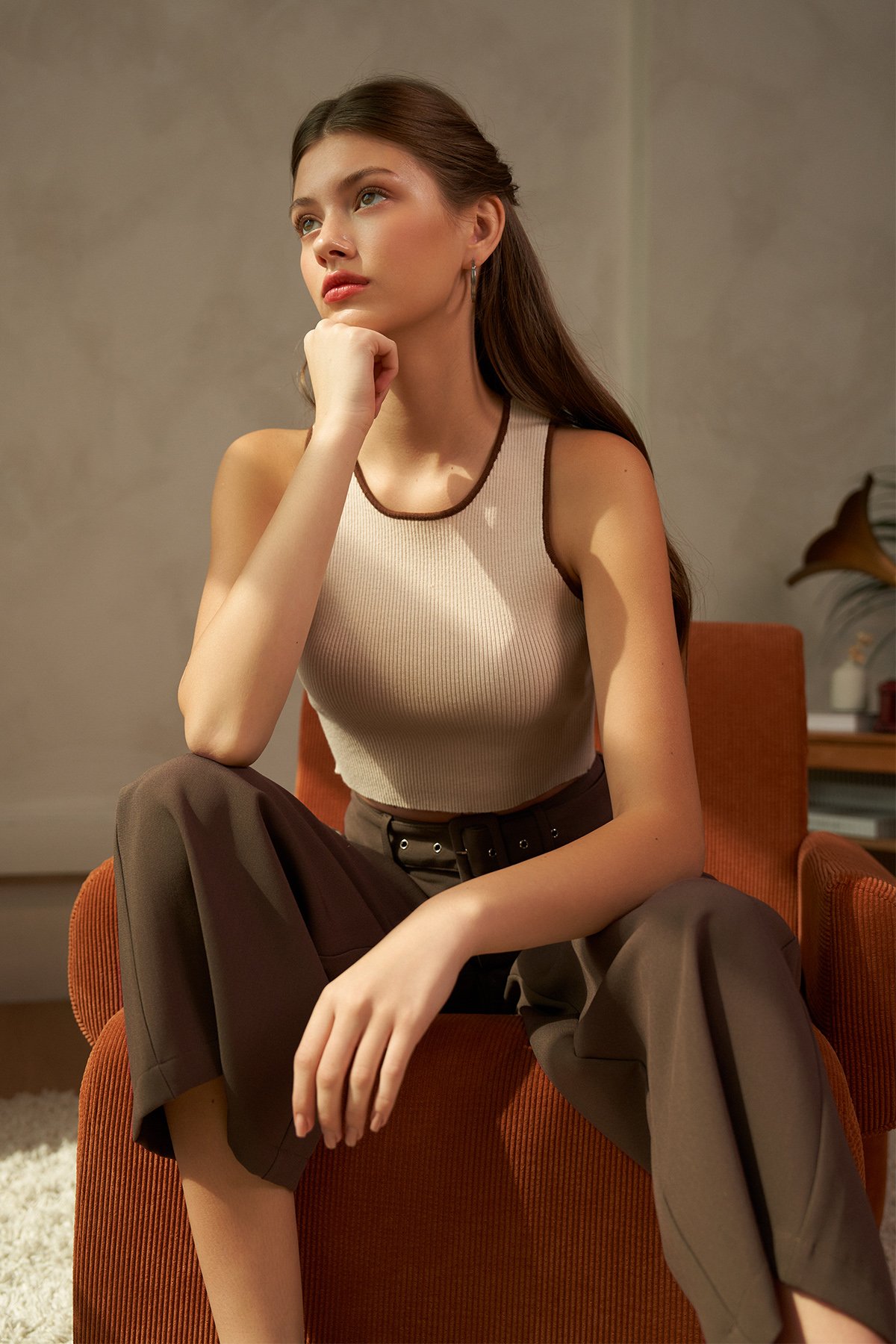 Adley Contrast Knit Top in Nude and Brown