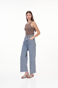 Adley Contrast Knit Top in Brown and Cream