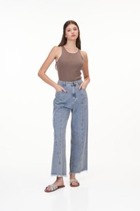 Adley Contrast Knit Top in Brown and Cream