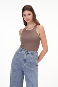 Adley Contrast Knit Top in Brown and Cream