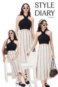 Khlole Contrast Trim Midi Skirt in Oat 