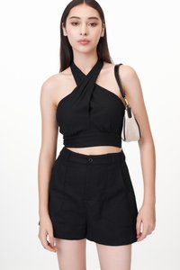 Kristen Linen Padded Halter Top in Black