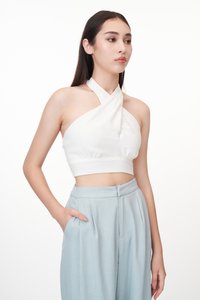 Kristen Linen Padded Halter Top in White