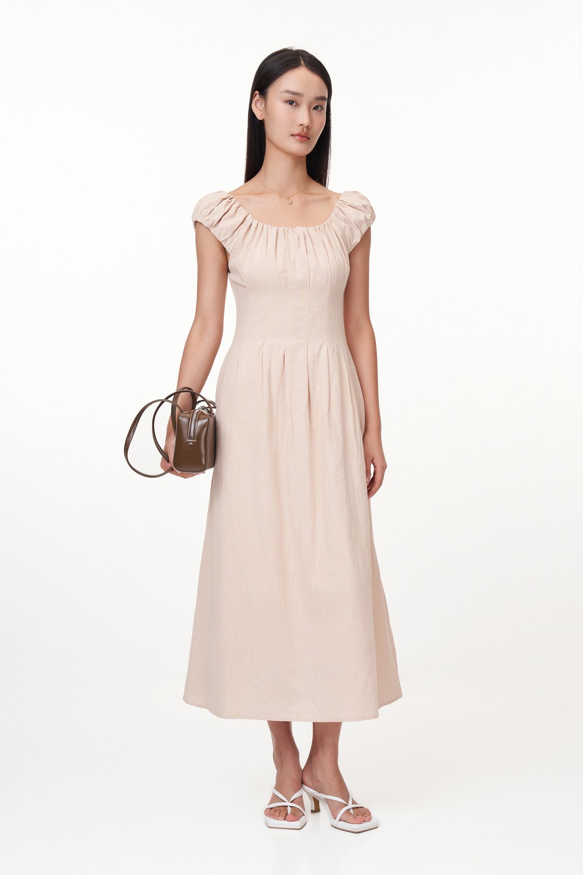 Aisa Ruched Maxi Dress in Almond