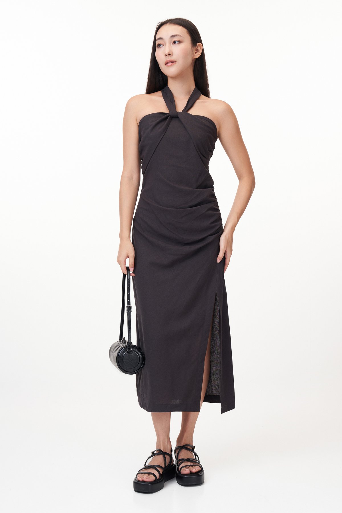 Gerlyn Halter Linen Midi Dress in Charcoal