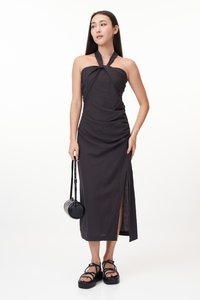 Gerlyn Halter Linen Midi Dress in Charcoal