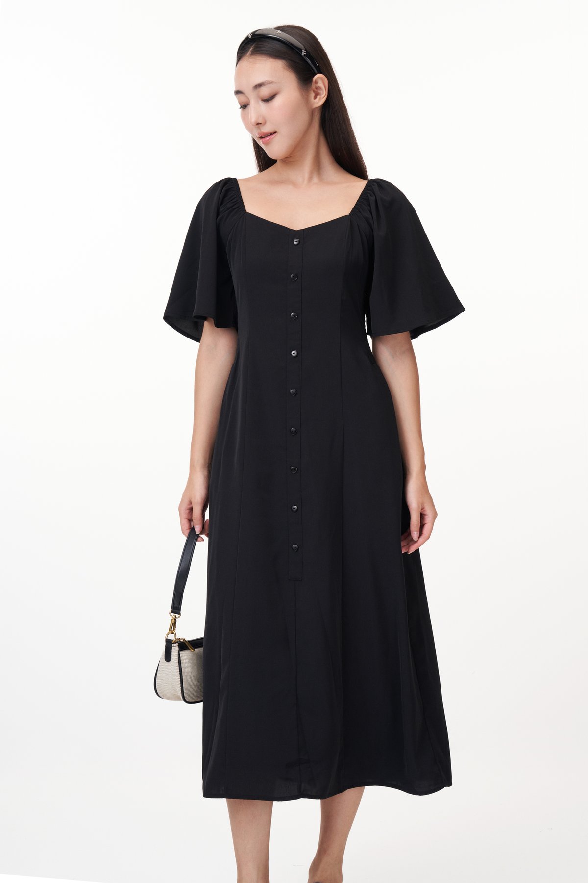 Arlene Hearts Button Midi Dress in Black