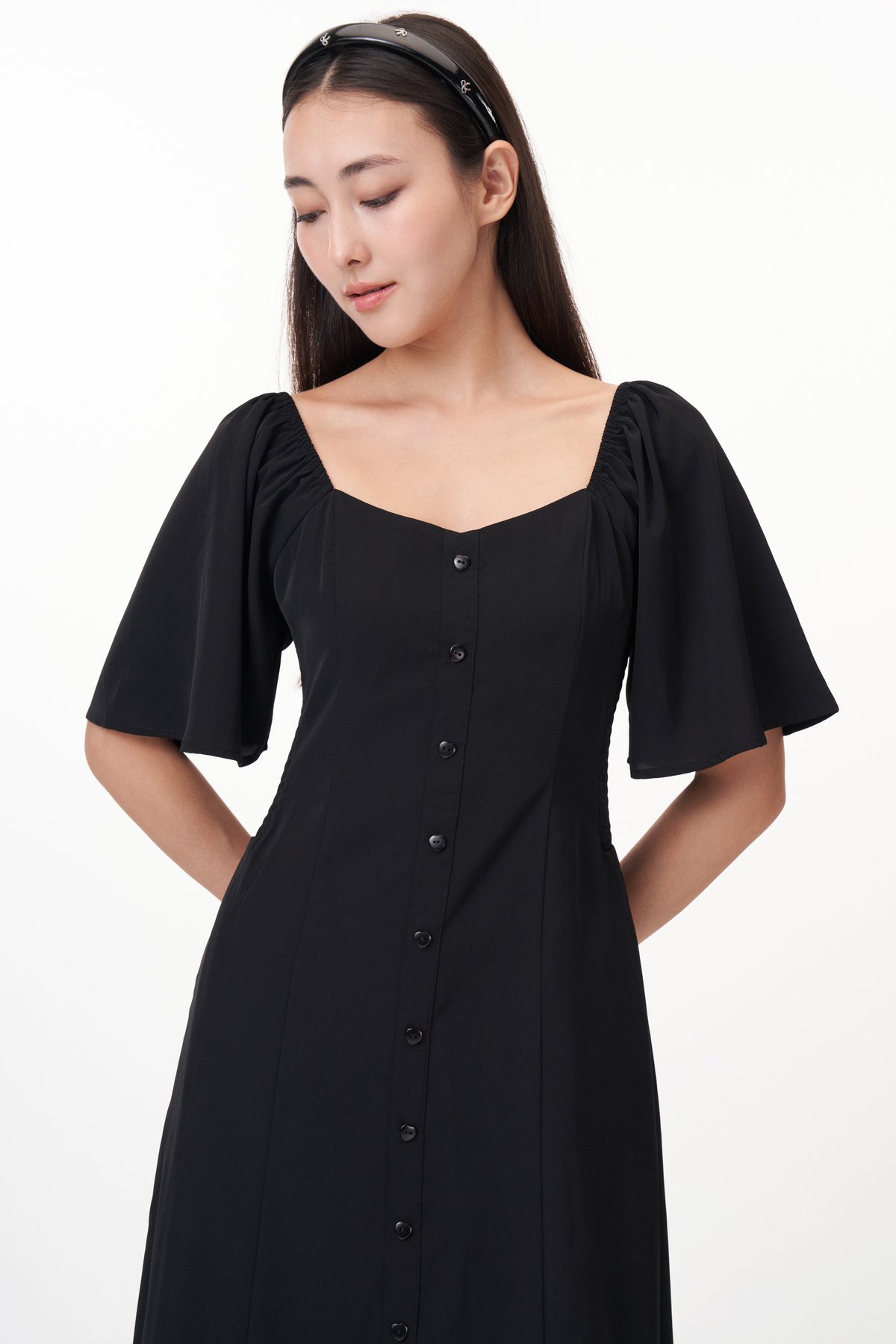 Arlene Hearts Button Midi Dress in Black