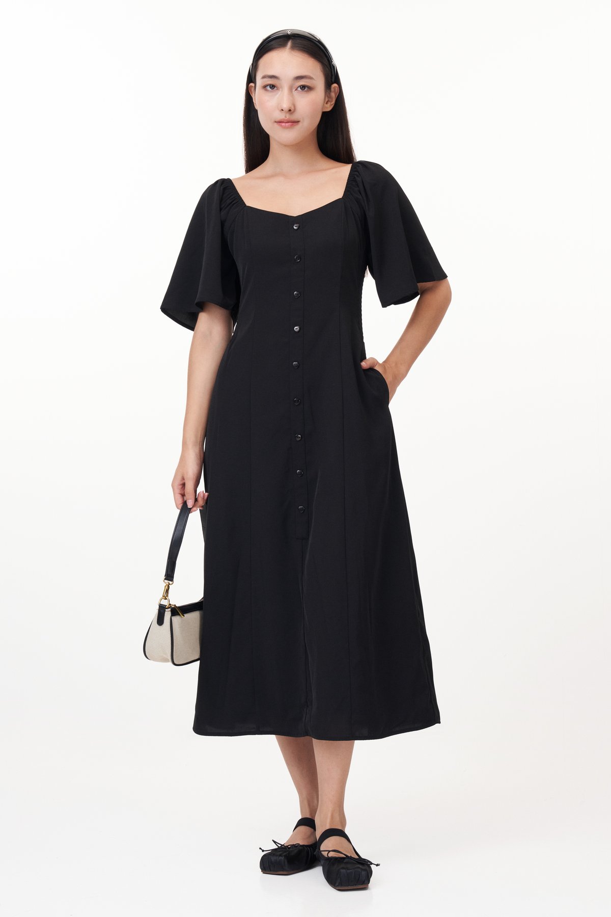 Arlene Hearts Button Midi Dress in Black
