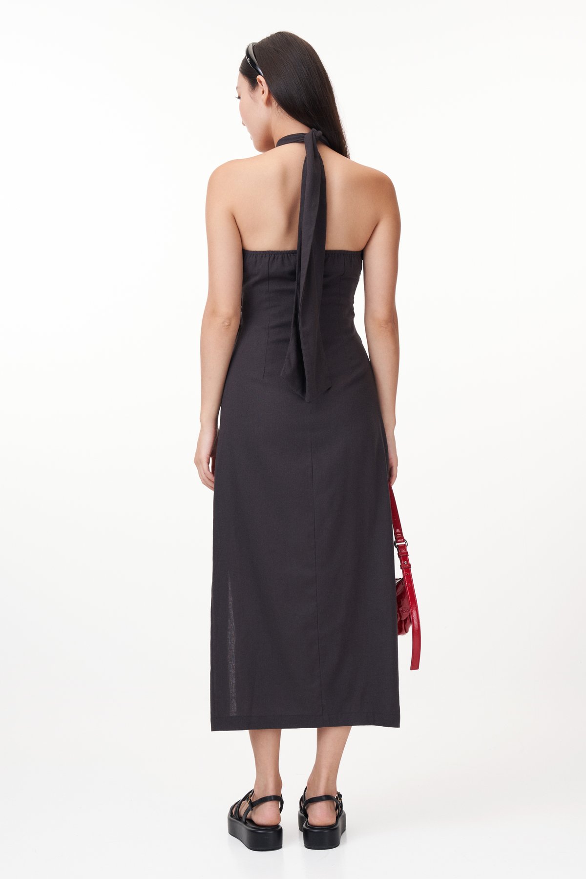 Gerlyn Halter Linen Midi Dress in Charcoal