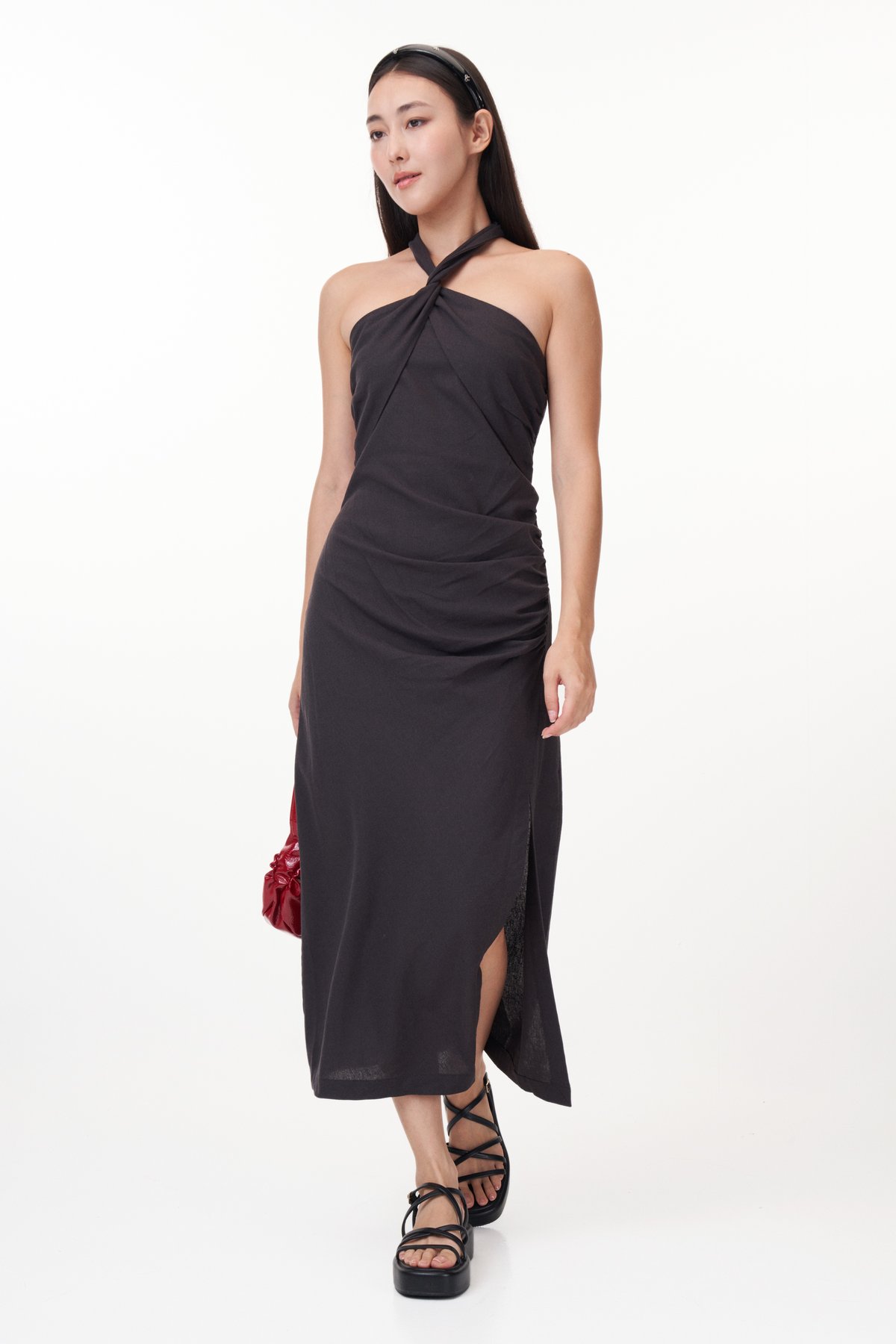 Gerlyn Halter Linen Midi Dress in Charcoal