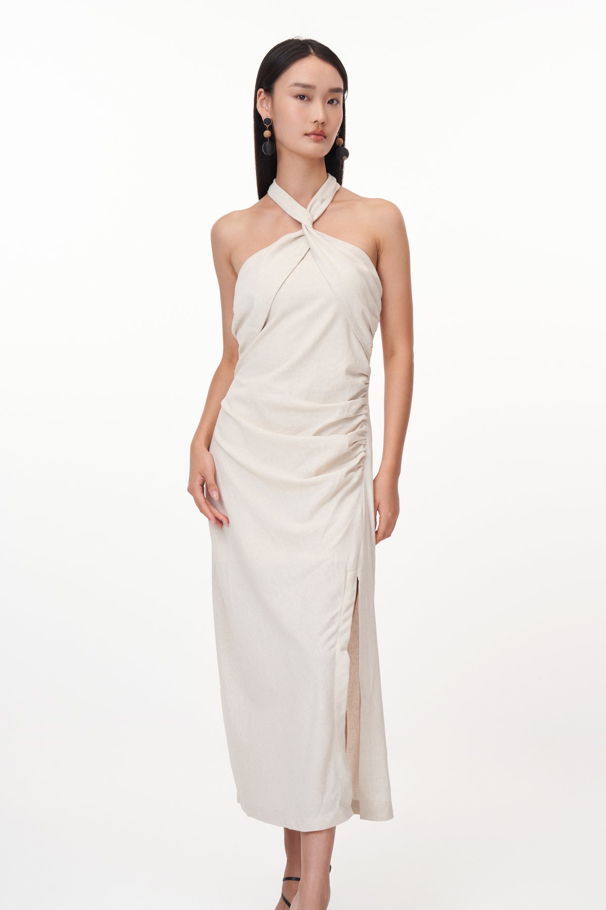 Gerlyn Halter Linen Midi Dress in Oat