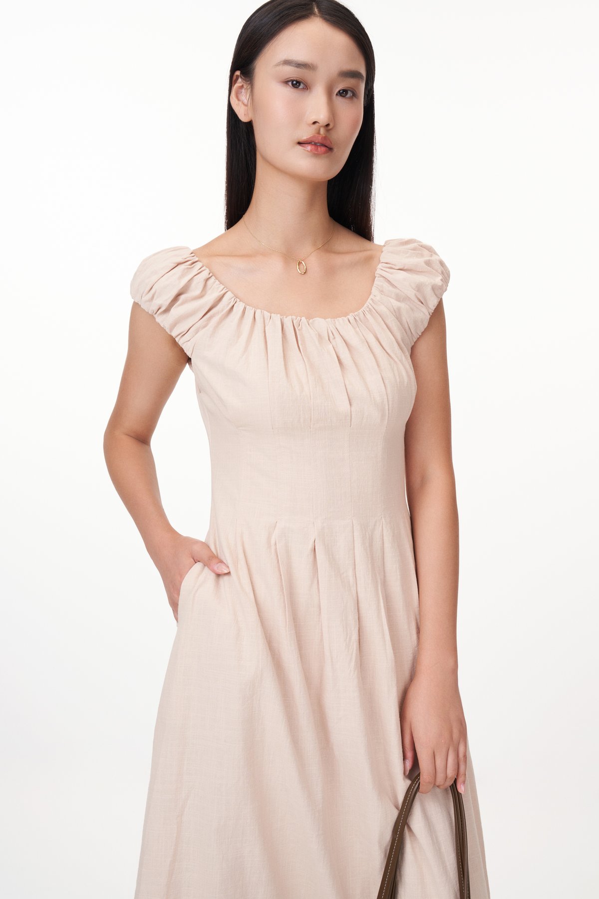 Aisa Ruched Maxi Dress in Almond