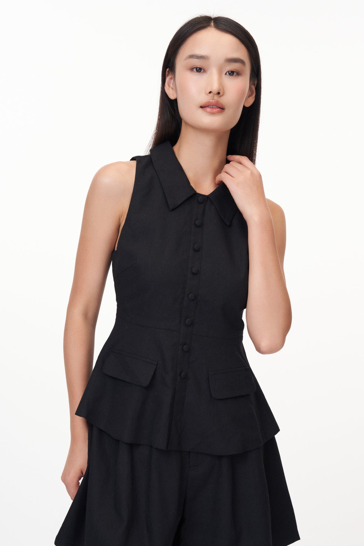 Raye Collared Peplum Top in Black