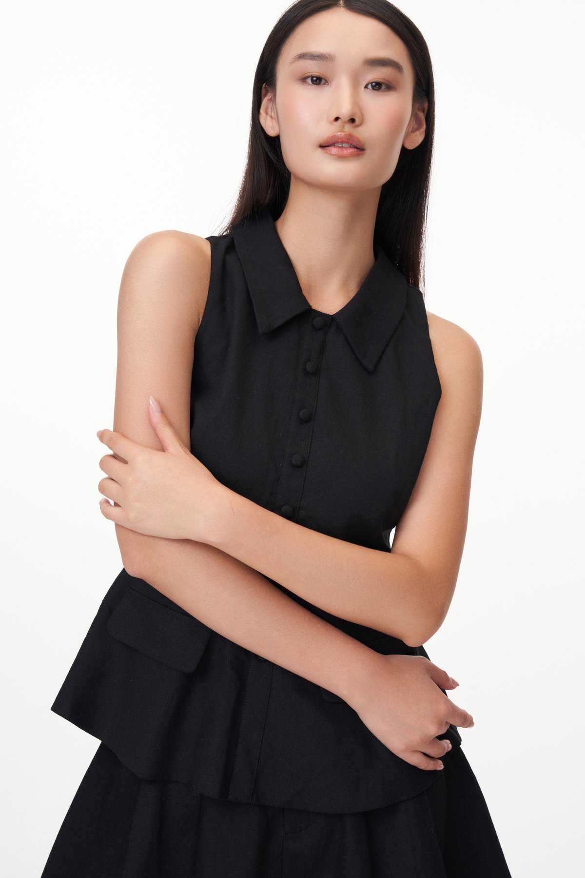 Raye Collared Peplum Top in Black