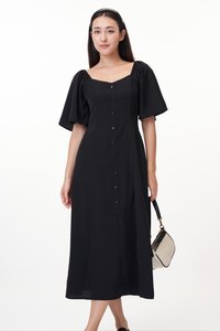 Arlene Hearts Button Midi Dress in Black