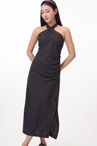 Gerlyn Halter Linen Midi Dress in Charcoal