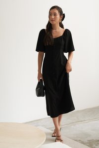 Arlene Hearts Button Midi Dress in Black