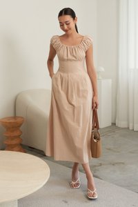 Aisa Ruched Maxi Dress in Almond