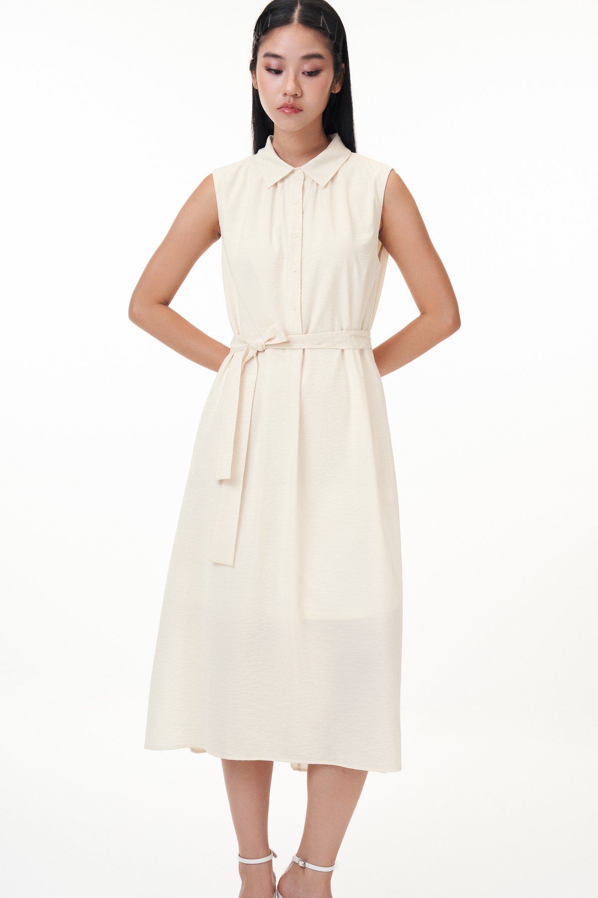 Nicole Button Down Midi Dress in Cream