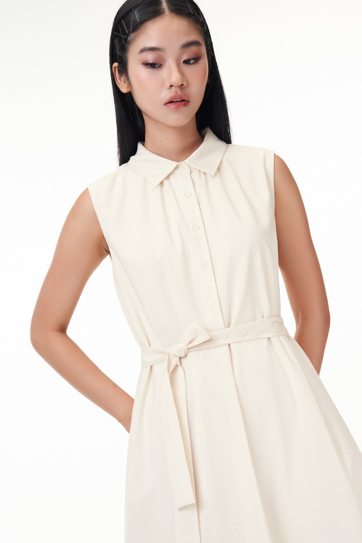 Nicole Button Down Midi Dress in Cream