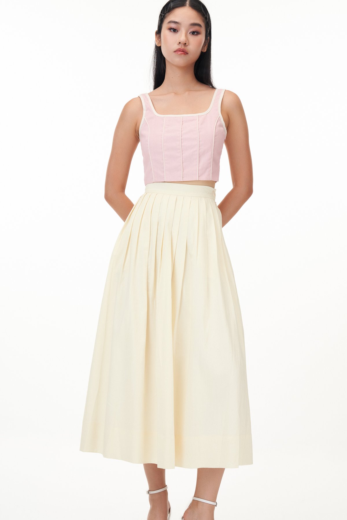 Nicole Pleated Midi Skirt in Cream